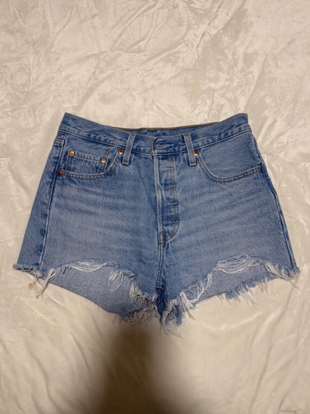 Levi's 501 Light Blue High Waist Distressed Denim Shorts